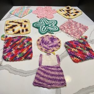 Vtg Crocheted Pot Holder/ Trivet Lot of 10 Multi Color Various Shapes & Sizes.